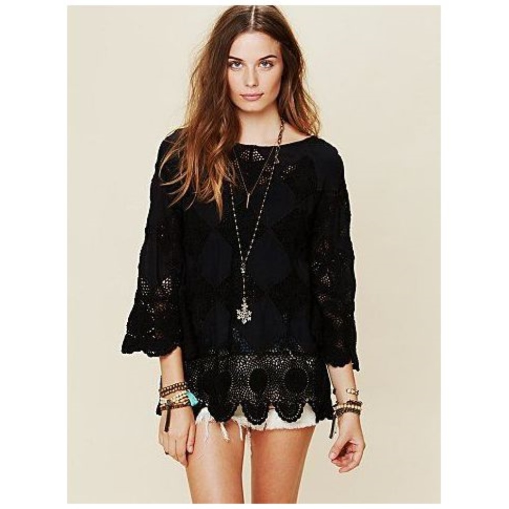 FREE PEOPLE Black Patchwork Crochet Tunic Top [F2]
